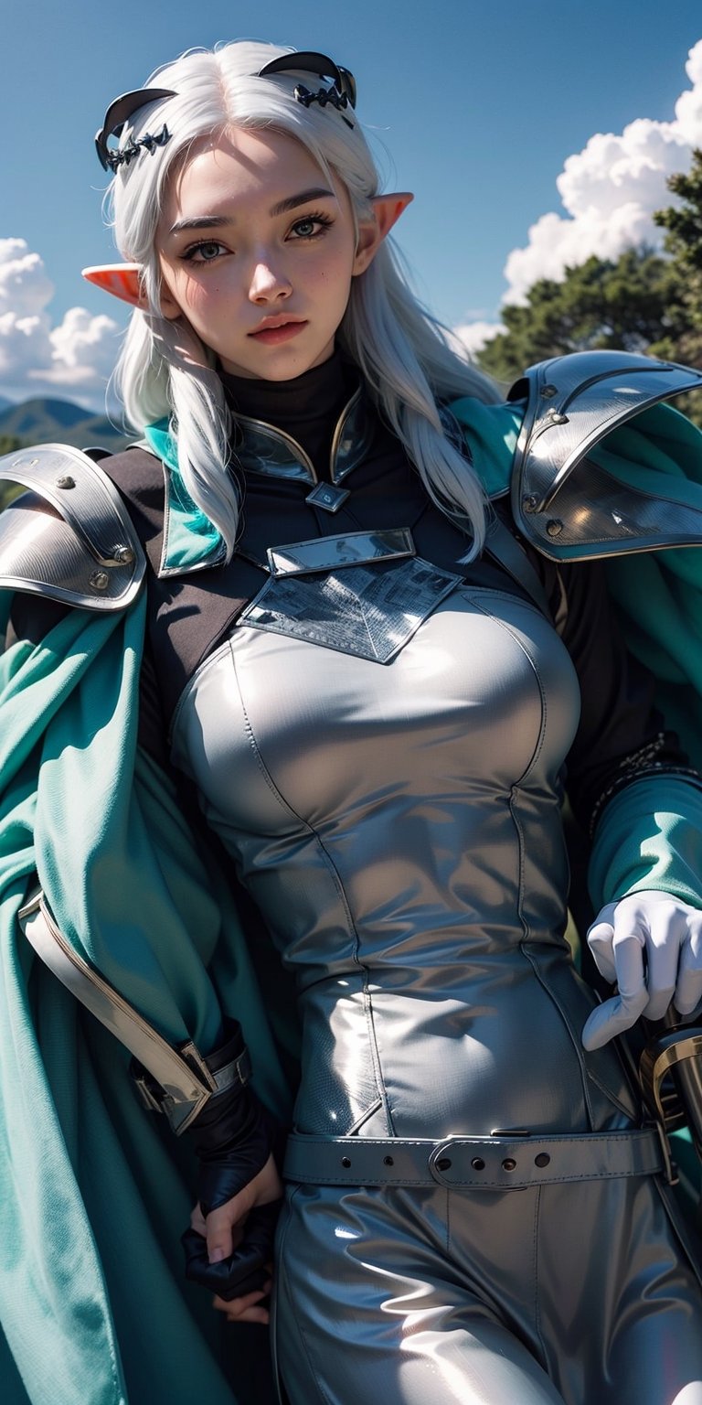 1girl, solo, long hair, looking at viewer, white hair, gloves, holding, closed mouth, weapon, outdoors, sky, day, pointy ears, belt, sword, cloud, cape, armor, blue sky, helmet, elf, shoulder armor, sheath, brown gloves, headwear removed, pauldrons, shield, sheathed, breastplate, knight, helmet removed, holding helmet,Viking Elf,high_res, 