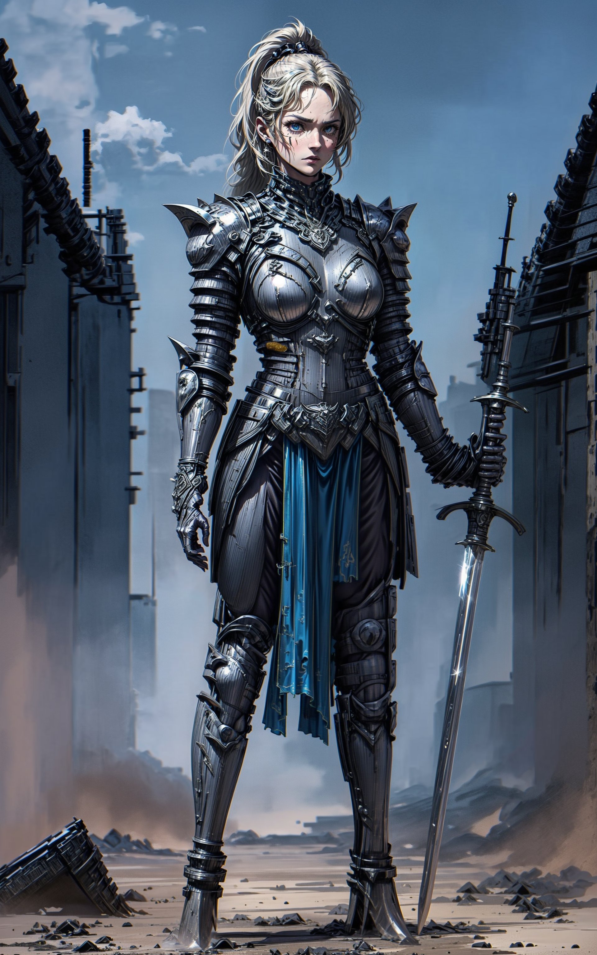 portrait of a warrior woman wearing a unique combination of metal and cloth armor, blending durability with flexibility. The armor should be designed to fit her body perfectly, providing both protection and freedom of movement. She wields a powerful two-handed sword in a confident and skilled manner, showcasing her expertise in combat. Capture the intensity in her eyes and the determination in her expression as she stands against a background that complements her warrior persona, such as a battlefield or a rugged landscape,HGS_1