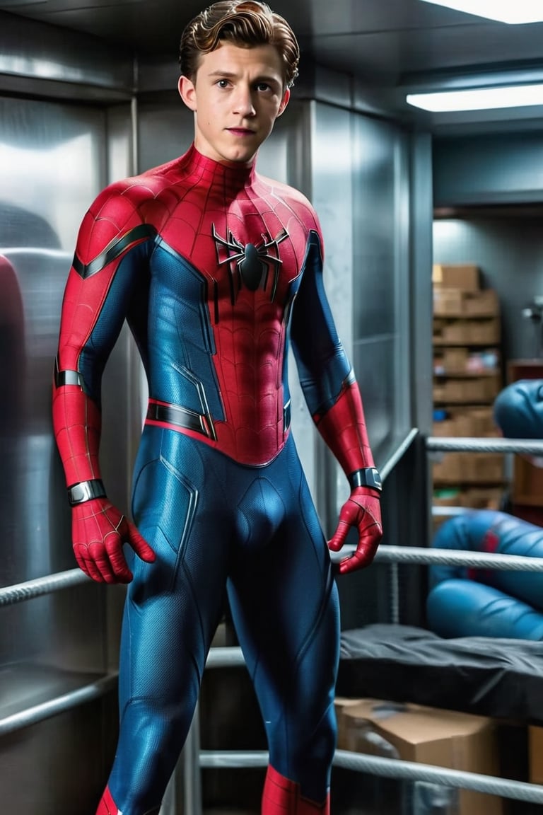 Highly detailed, high quality, masterpiece, beautiful, (complete shot), tom holland in spiderman suit, homecoming suit, blue and red suit, Extremely Realistic (boner penis, semen, exitation, hard dick), young boy, Extremely Realistic, penis out of the suit, Xxx, Penis, cute blond boy,Flaccid penis