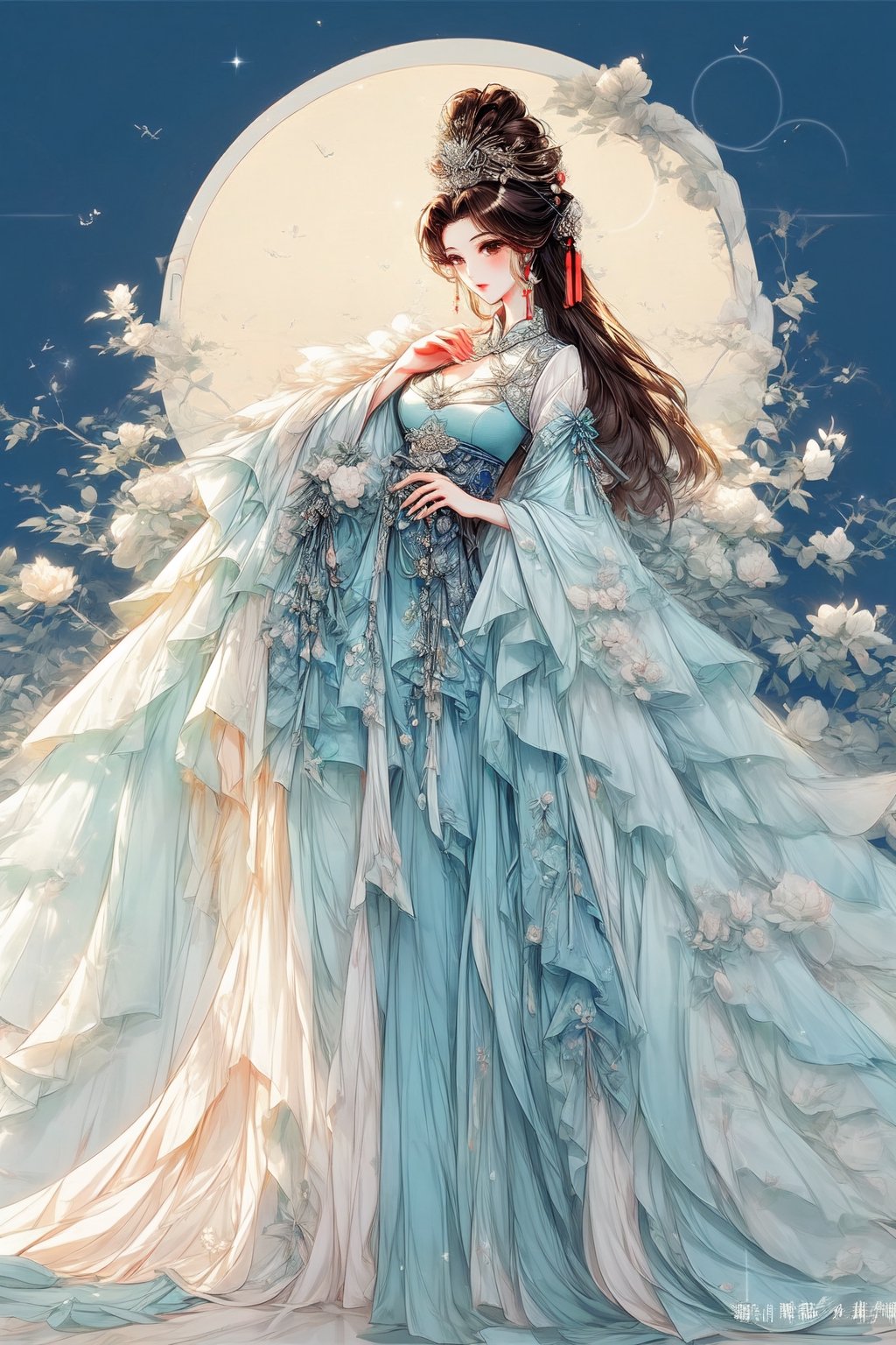 Chinese comic style, harem queen, beauty, classical clothing, gorgeous classical headdress, mature, affectionate, deep eyes, brown eyes, dreamy quality, soft lighting, Hanfu, graceful posture