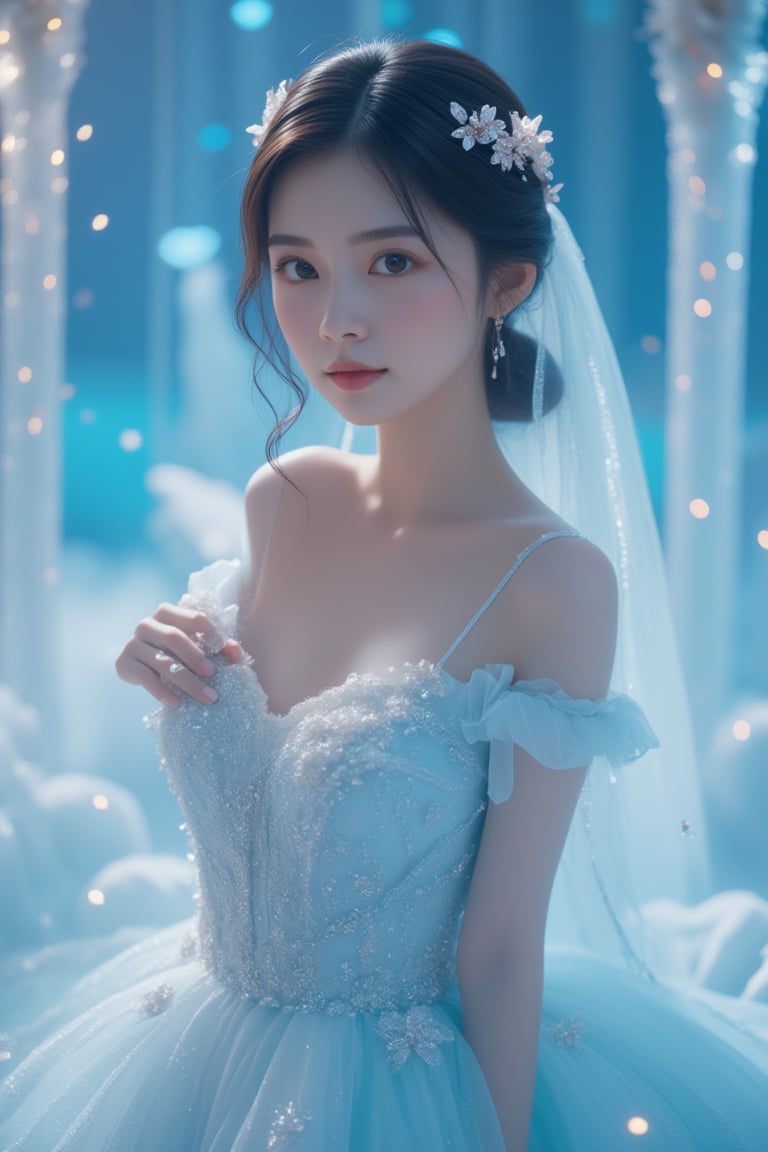 This digital artwork features a fantasy style typical of contemporary digital artists. The composition centers on a young woman with a serene expression, adorned in an intricate, ice-themed gown with crystal accents and floral details. Her hair is styled elegantly with delicate hairpieces. The background is a dreamlike, icy landscape with icicles and soft, glowing lights, enhancing the cold, ethereal atmosphere. Mist and light effects are used skillfully to give the image a magical, otherworldly feel. The artist meticulously captures the fine details of her attire and the ambient light, creating a captivating, whimsical portrait.