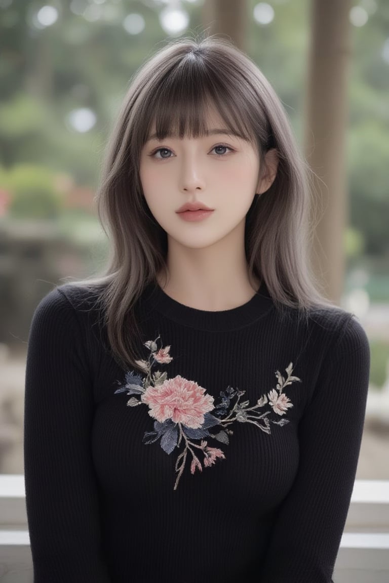 Real portrait photography depicting a young woman in Hong Kong. The composition is centered, with the subject tilted slightly to the right, looking directly at the viewer. The background is a soft-focus natural scene that hints at the outdoors. (black to silver ombre hair: 1.3), (blunt bangs: 1.3), wearing a black sweater decorated with delicate floral embroidery. The art style highlights details and natural colors, with an emphasis on her calm and collected expression. The soft tones of the background highlight the woman's sharp features and the intricate design of her dress