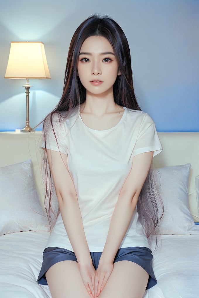 Real portrait photography. The composition centers on a young Taiwanese woman with long straight hair, sitting on a white bed with a blue wall in the background. Wearing a plain white T-shirt and dark shorts, she put her hands on her legs and looked directly into the camera. The background is simple, with a bed, white pillows, and a lamp on the bedside table, creating a peaceful and simple atmosphere. The lighting is soft and casts soft shadows, enhancing the calm and intimate atmosphere of the scene.