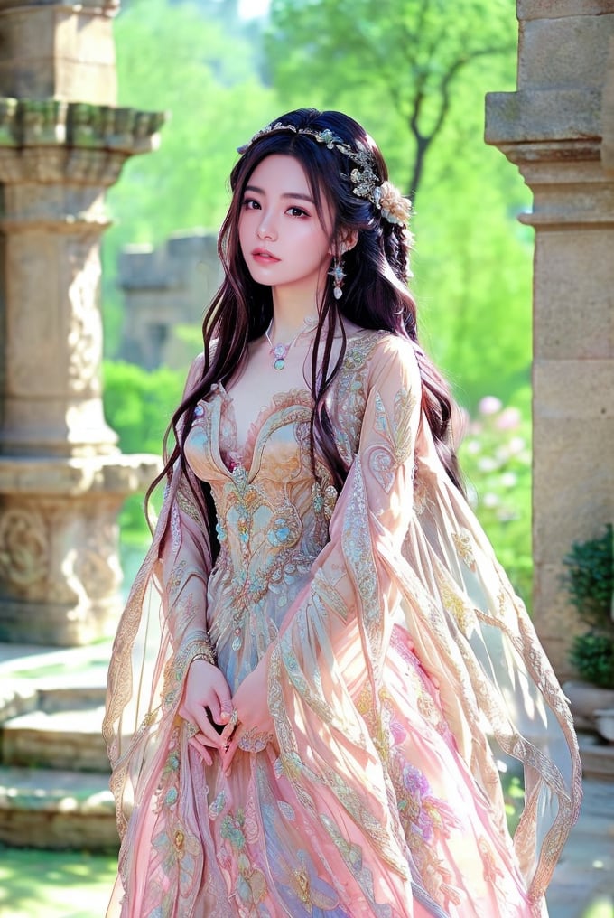 The image features a digital painting in an anime-inspired art style. The composition centers on a young woman with long, dark hair adorned with delicate accessories, standing gracefully and gazing forward. She wears an intricate, flowing dress with ethereal, sheer sleeves and ornate patterns. The background depicts a blurred, outdoor setting with stone architecture and greenery, suggesting a serene, picturesque landscape. This image mainly emphasizes elegance and beauty, enhanced by soft lighting and detailed textures that bring a sense of realism to the fantastical elements.