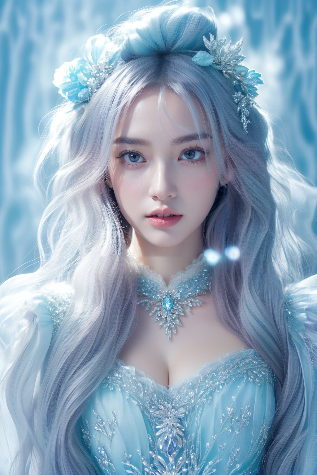 This digital artwork features a fantasy style typical of contemporary digital artists. The composition centers on a young woman with a serene expression, adorned in an intricate, ice-themed gown with crystal accents and floral details. Her hair is styled elegantly with delicate hairpieces. The background is a dreamlike, icy landscape with icicles and soft, glowing lights, enhancing the cold, ethereal atmosphere. Mist and light effects are used skillfully to give the image a magical, otherworldly feel. The artist meticulously captures the fine details of her attire and the ambient light, creating a captivating, whimsical portrait.