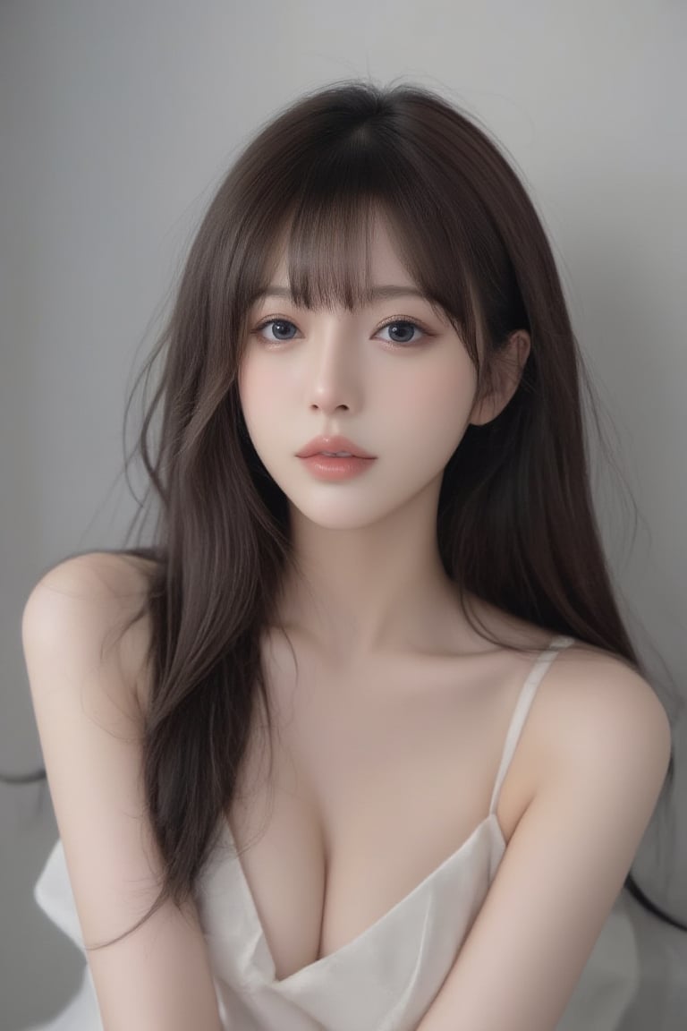 (Realism: 1.4), (Animation Color: 1.5), (Masterpiece, Sidelight, Delicate and Soft Eyes), (Character Focus, Face Focus, Close to the Viewer, Portrait, Masterpiece, From Above), Anime Color, Cute face, 3D face, (black hair to silver hair gradient hair: 1.5), (blunt bangs: 1.3), (1girl, the most beautiful Korean girl, amazing beautiful girl, gorgeous girl, 20 years old, extra big eyes, big eyes, smile, looking at the viewer), (blue eyes: 1.5), (cowboy shot: 1.5), (sleeveless white hair fur sundress: 1.5), (kind face), (blushing), (sitting, wariza , from above; 1.5), (cute face), (open mouth laughter: 1.5), gentle face, (medium chest), (gradient background), (glowing eyes), neat, cute, slim body, (tareme: 1.5), shiny hair, shiny skin, niji, sketch, manga,