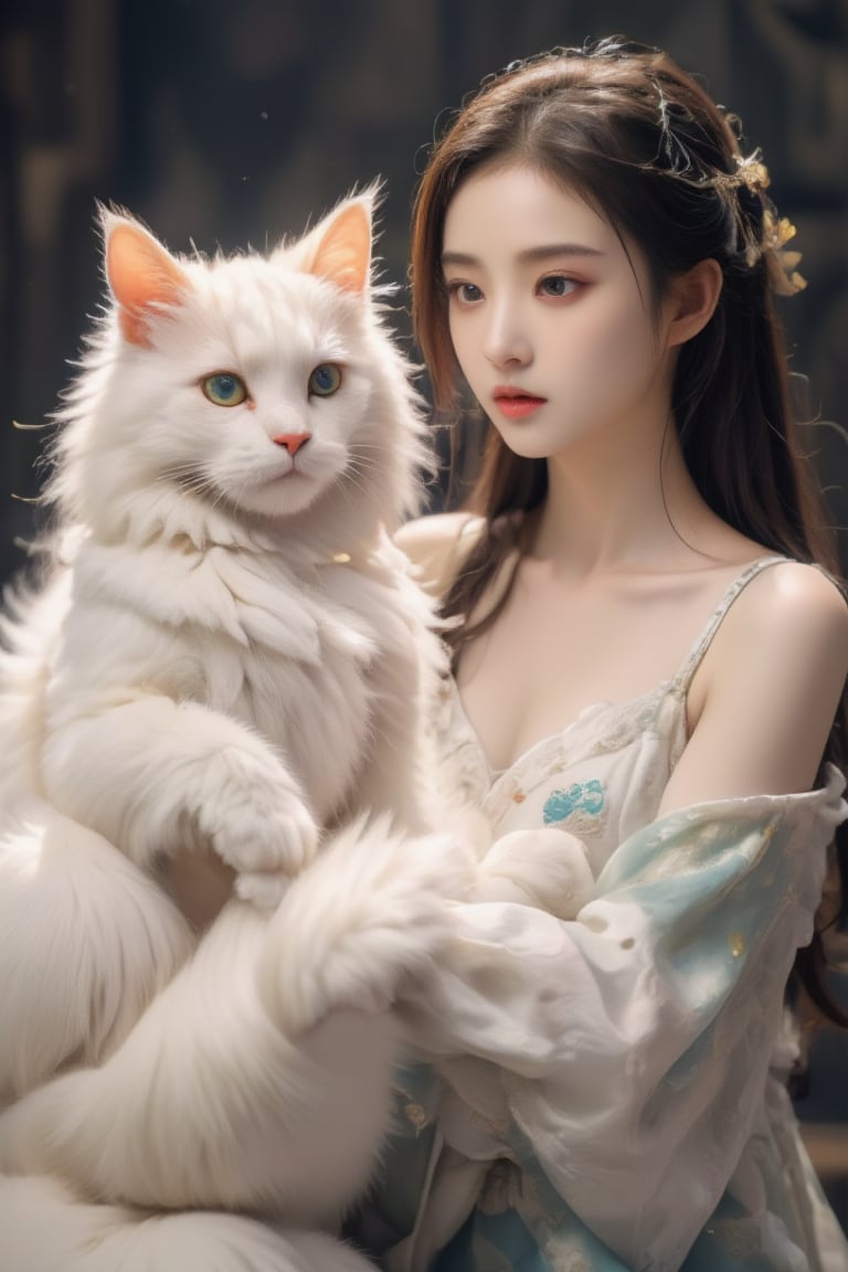 Real 8K photography, a super-large white Maine Coon cat, with its tail wrapped around a Taiwanese beauty, giving it a warm and protective feeling