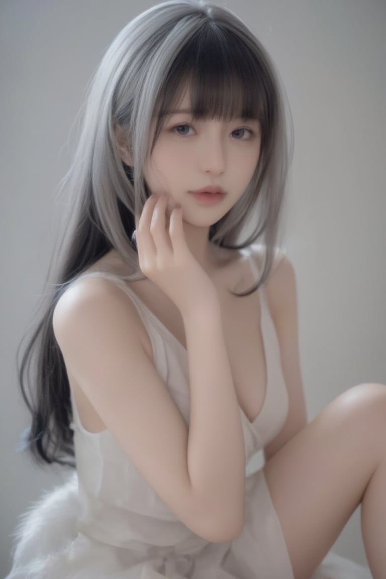 (Realism: 1.4), (Animation Color: 1.5), (Masterpiece, Sidelight, Delicate and Soft Eyes), (Character Focus, Face Focus, Close to the Viewer, Portrait, Masterpiece, From Above), Anime Color, Cute face, 3D face, (black hair to silver hair gradient hair: 1.5), (blunt bangs: 1.3), (1girl, the most beautiful Korean girl, amazing beautiful girl, gorgeous girl, 20 years old, extra big eyes, big eyes, smile, looking at the viewer), (blue eyes: 1.5), (cowboy shot: 1.5), (sleeveless white hair fur sundress: 1.5), (kind face), (blushing), (sitting, wariza , from above; 1.5), (cute face), (open mouth laughter: 1.5), gentle face, (medium chest), (gradient background), (glowing eyes), neat, cute, slim body, (tareme: 1.5), shiny hair, shiny skin, niji, sketch, manga,