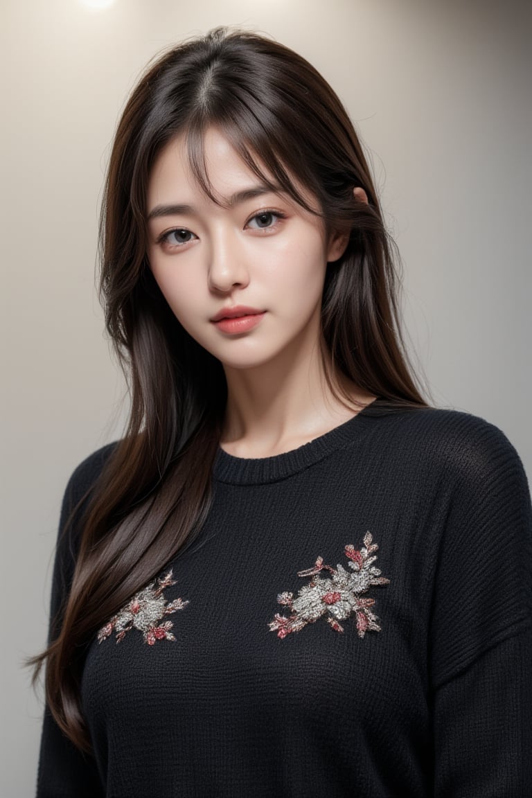 Real portrait photography depicting a young woman in Hong Kong. The composition is centered, with the subject tilted slightly to the right, looking directly at the viewer. The background is a soft-focus natural scene that hints at the outdoors. (black to silver ombre hair: 1.3), (blunt bangs: 1.3), wearing a black sweater decorated with delicate floral embroidery. The art style highlights details and natural colors, with an emphasis on her calm and collected expression. The soft tones of the background highlight the woman's sharp features and the intricate design of her dress