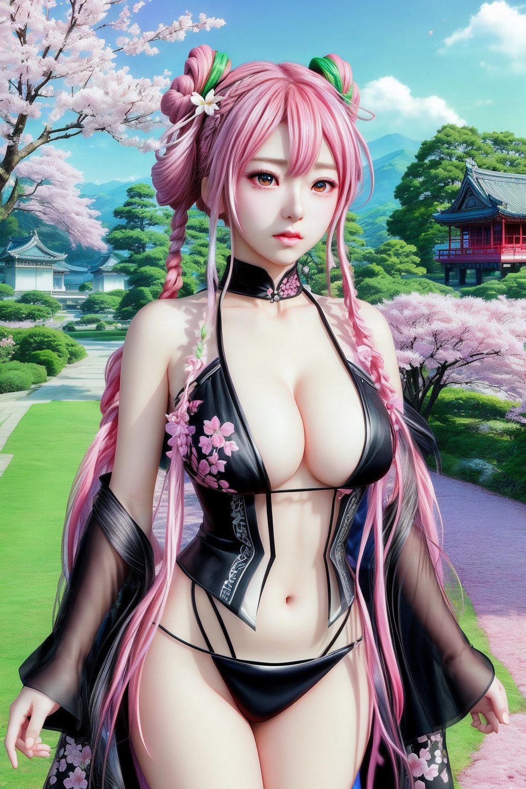 This digital artwork by Wesley Hsu features a hyper-realistic anime-style character with striking detail. The composition centers on a young woman, dressed in a revealing black and white outfit with a plunging neckline, standing amidst a scenic background of blooming cherry blossoms under a bright, clear sky. Her long, pink and green hair is intricately braided and she possesses large, expressive eyes. The background is lush, marked by traditional Japanese architecture in the distance, enhancing the overall serene and picturesque atmosphere. The image is signed with the artist's name at the bottom right.