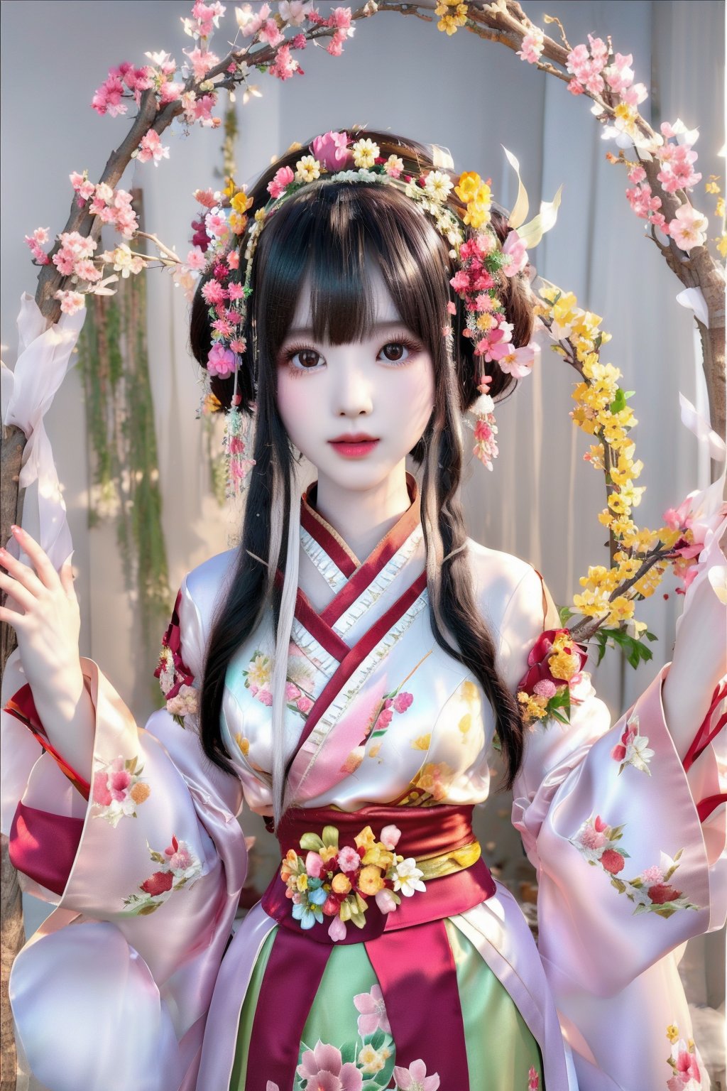 This digital painting, likely created by an artist skilled in realistic and detailed art, features a young woman centered in composition. She wears a traditional Asian garment adorned with floral patterns and a red sash. Her hair is styled elaborately with a stunning floral headdress consisting of various colorful flowers. She is framed symmetrically by branches decorated with flowers in shades of pink, white, and yellow. The muted, soft-focus background contrasts gently with the vivid floral elements, suggesting a serene, natural setting. The overall tone is gentle and harmonious, blending elements of traditional attire with a natural floral theme.