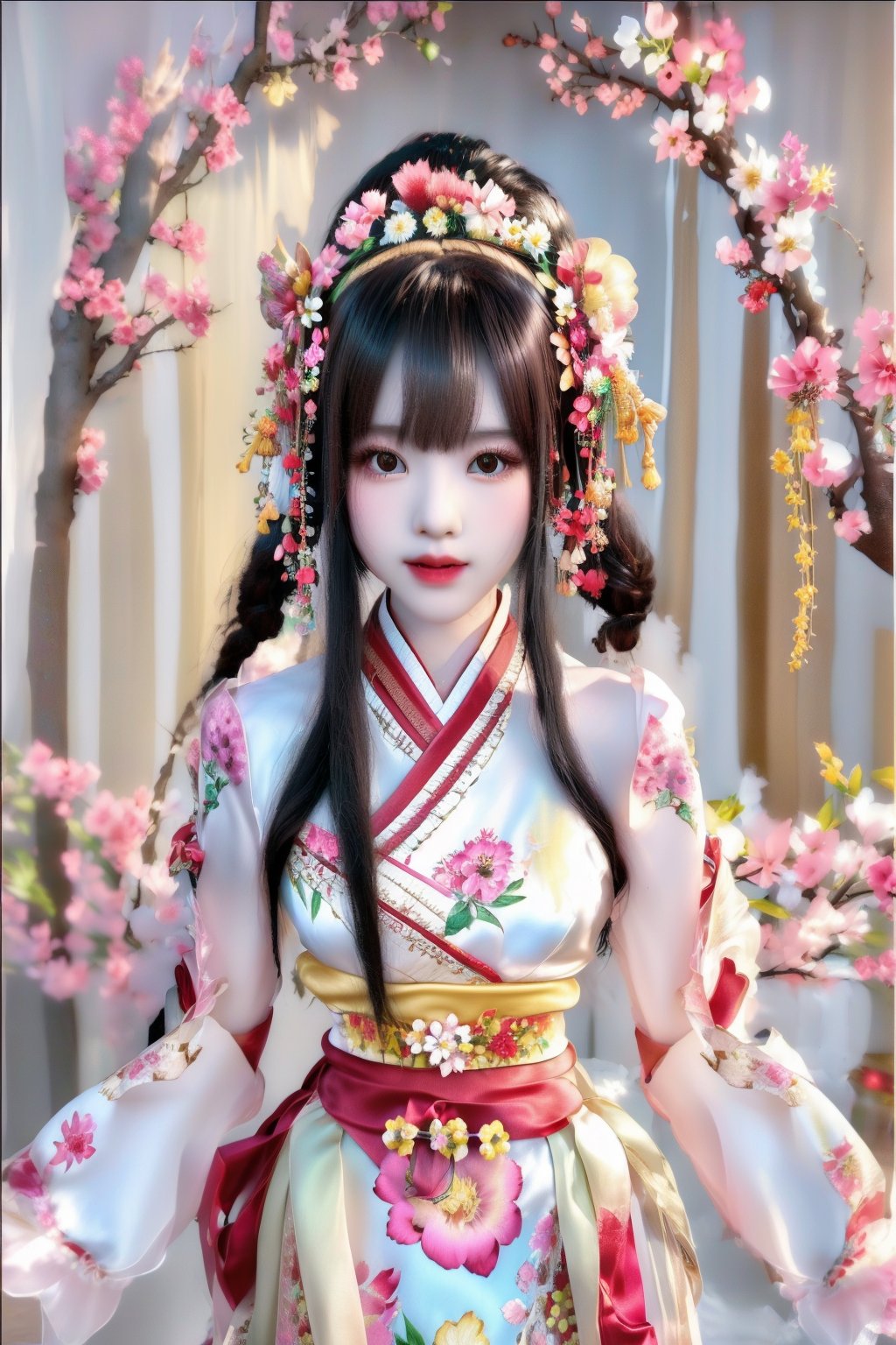 This digital painting, likely created by an artist skilled in realistic and detailed art, features a young woman centered in composition. She wears a traditional Asian garment adorned with floral patterns and a red sash. Her hair is styled elaborately with a stunning floral headdress consisting of various colorful flowers. She is framed symmetrically by branches decorated with flowers in shades of pink, white, and yellow. The muted, soft-focus background contrasts gently with the vivid floral elements, suggesting a serene, natural setting. The overall tone is gentle and harmonious, blending elements of traditional attire with a natural floral theme.