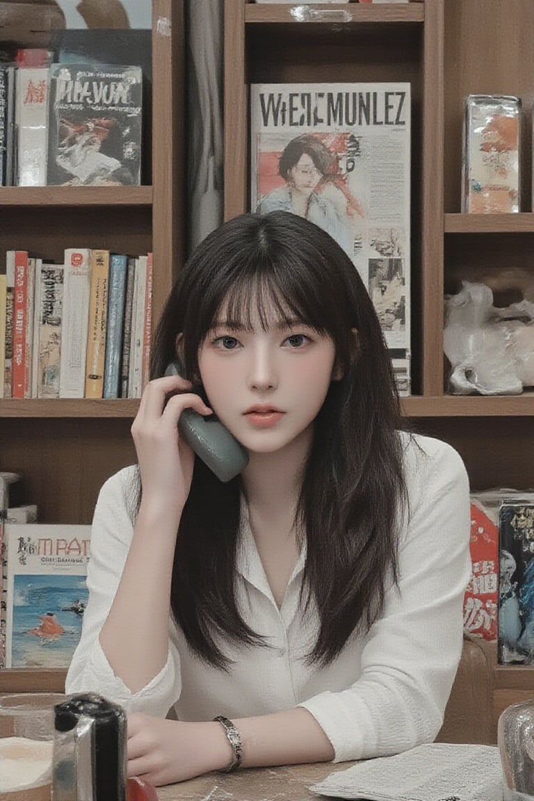 Frontal portrait photography, old photo mode, in the 1960s, a Taiwanese woman worked as a clerk in a rented bookstore. The bookshelves are filled with novels, comics, newspapers, and magazines. There is an old-style dial phone on the cashier table. The woman is picking up the phone and looking forward. Depth of field effect.