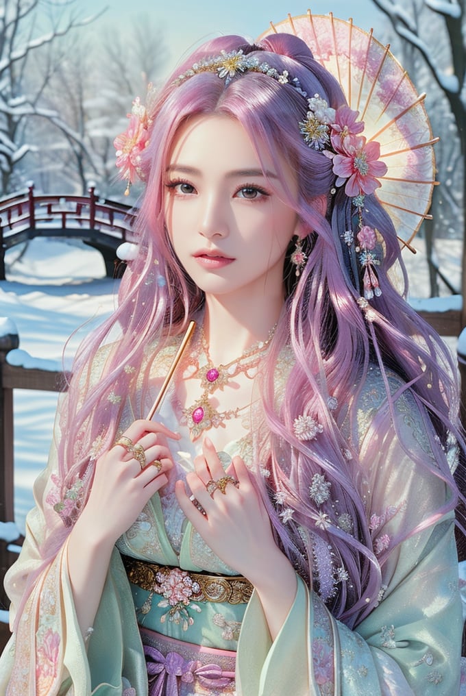 This image features a hyper-realistic digital artwork by an unidentified artist. The composition centers a beautifully detailed woman dressed in traditional, ornate attire, holding a delicate parasol. She has porcelain skin, flushed cheeks, and intricately styled hair adorned with flowers and jewels. The background showcases a serene, snow-covered wooden bridge and bare trees, adding to the tranquil winter atmosphere. The woman's expressive eyes, delicate features, and intricate accessories, such as her necklace and rings, highlight the meticulous attention to detail in the artwork. The overall scene combines elements of elegance, tradition, and tranquility.