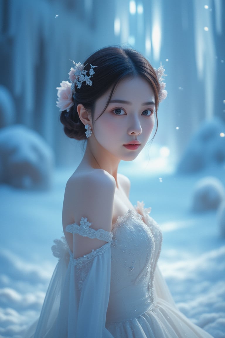 This digital artwork features a fantasy style typical of contemporary digital artists. The composition centers on a young woman with a serene expression, adorned in an intricate, ice-themed gown with crystal accents and floral details. Her hair is styled elegantly with delicate hairpieces. The background is a dreamlike, icy landscape with icicles and soft, glowing lights, enhancing the cold, ethereal atmosphere. Mist and light effects are used skillfully to give the image a magical, otherworldly feel. The artist meticulously captures the fine details of her attire and the ambient light, creating a captivating, whimsical portrait.