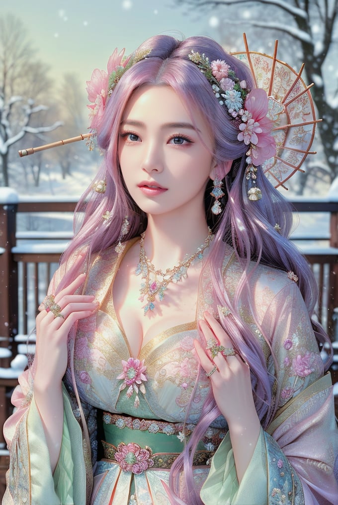 This image features a hyper-realistic digital artwork by an unidentified artist. The composition centers a beautifully detailed woman dressed in traditional, ornate attire, holding a delicate parasol. She has porcelain skin, flushed cheeks, and intricately styled hair adorned with flowers and jewels. The background showcases a serene, snow-covered wooden bridge and bare trees, adding to the tranquil winter atmosphere. The woman's expressive eyes, delicate features, and intricate accessories, such as her necklace and rings, highlight the meticulous attention to detail in the artwork. The overall scene combines elements of elegance, tradition, and tranquility.