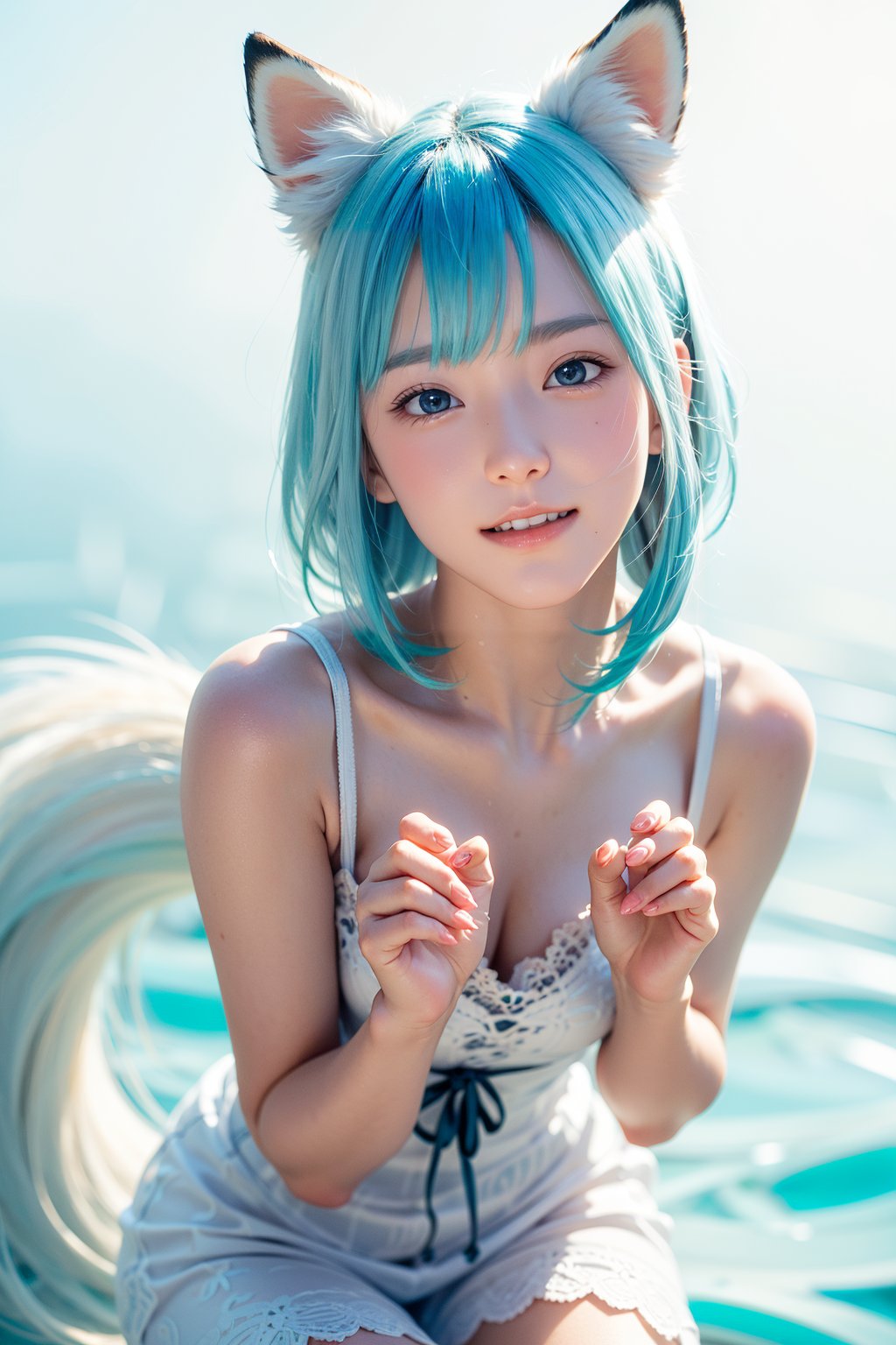 (photorealistic:1.4), (anime colored:1.5), (masterpiece, sidelights, exquisite gentle eyes), (character focus,face focus,close to viewer, portrait, masterpiece, from above), anime colored, cute face,  3D face, (cyan hair to blue hair gradient hair:1.3),(blunt bangs:1.3), (1girl, most beautiful korean girl, stunningly beautiful girl, gorgeous girl, 20yo, over sized eyes, big eyes, smiling, looking at viewer), (cyan eyes:1.5), (cowboy shot:1.5), (sleeveless white hair fur sundress :1.5), (kind face), (blush) (claw pose, sit , wariza, from above;1.5), (claw pose, head tilt:1.5), (fox ears, fox tails:1.3), (cute face), (open mouth wide　Laughter:1.5), Gentle face, (medium breasts),(gradient background), (glowing eyes),  neat and clean, adorable, Slim Body, (tareme:1.5), shiny hair, shiny skin, niji,sketch,manga,