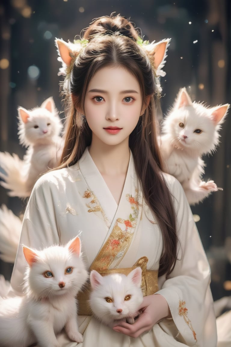 Real portrait photography, Taiwanese beauty, surrounded by several cute white fox babies with 9 tails, smiling straight ahead, very beautiful