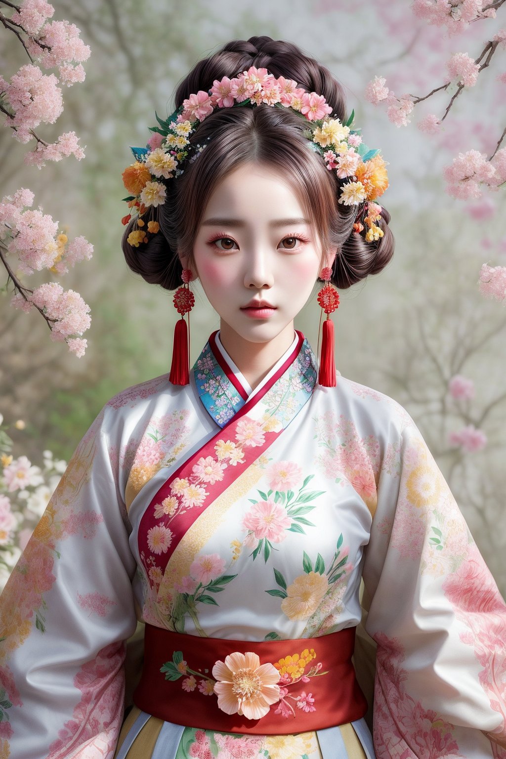 This digital painting, likely created by an artist skilled in realistic and detailed art, features a young woman centered in composition. She wears a traditional Asian garment adorned with floral patterns and a red sash. Her hair is styled elaborately with a stunning floral headdress consisting of various colorful flowers. She is framed symmetrically by branches decorated with flowers in shades of pink, white, and yellow. The muted, soft-focus background contrasts gently with the vivid floral elements, suggesting a serene, natural setting. The overall tone is gentle and harmonious, blending elements of traditional attire with a natural floral theme.