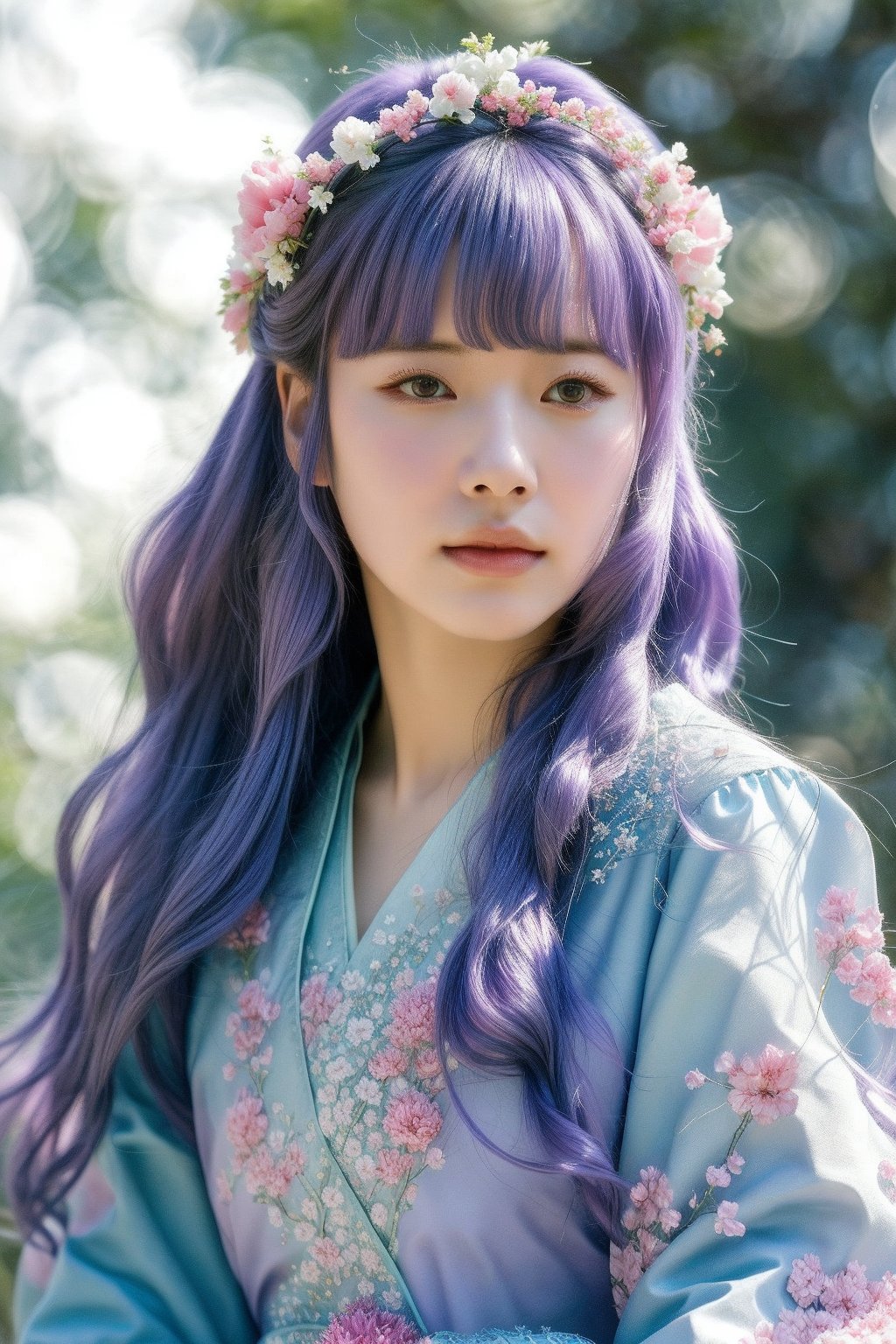 This is a digital artwork by an unknown artist characterized by a highly detailed and realistic style. The composition centers on a woman with voluminous, violet hair adorned with wreaths of flowers and ornate hairpieces. She gazes confidently at the viewer, her expressive face and pose conveying grace. She wears an elaborate, traditional blue robe embellished with intricate floral patterns in pink and white. The background is softly blurred with subtle light beams, enhancing the ethereal and regal feel of the portrait. The overall effect is both captivating and enchanting, merging elements of fantasy with traditional elegance.