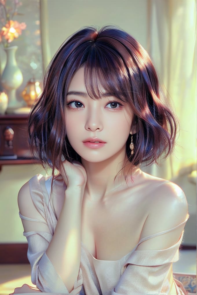 This image is a digital portrait with a soft, realistic art style. The composition is intimate, focusing on a young woman with shoulder-length hair, styled in a bob with bangs. She gazes directly at the viewer with wide, expressive eyes and rests her chin on her hand. The subject wears a light, off-shoulder top, revealing a smooth collarbone. The background is softly blurred, blending warm tones that suggest a cozy indoor setting with ambient lighting. Small decorative items are faintly visible, adding depth without distracting from the subject. The overall mood is serene and contemplative.