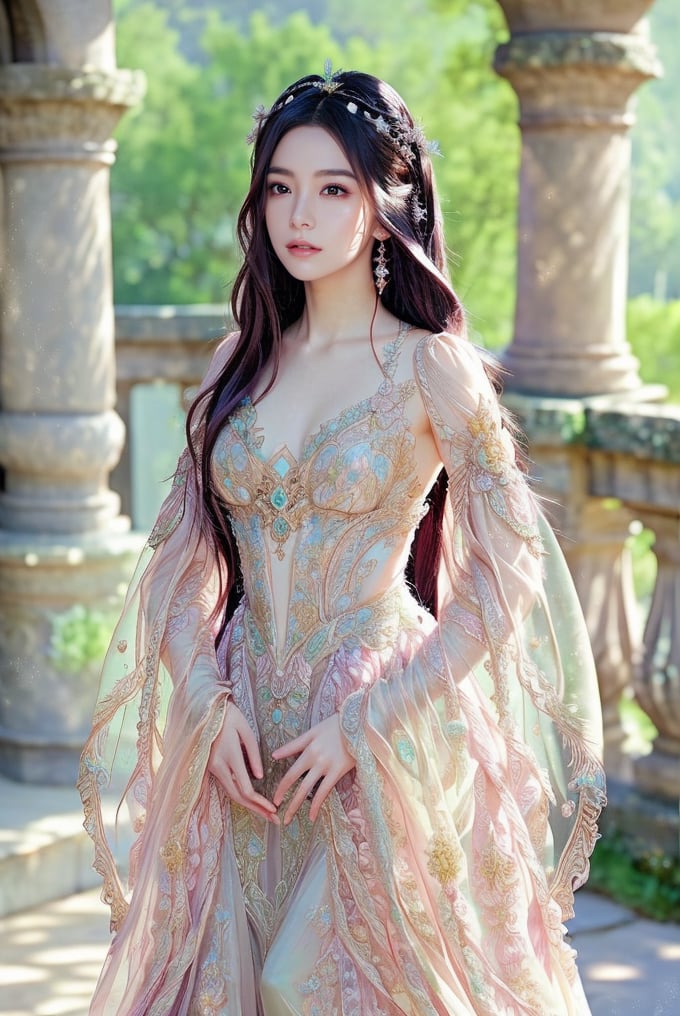 The image features a digital painting in an anime-inspired art style. The composition centers on a young woman with long, dark hair adorned with delicate accessories, standing gracefully and gazing forward. She wears an intricate, flowing dress with ethereal, sheer sleeves and ornate patterns. The background depicts a blurred, outdoor setting with stone architecture and greenery, suggesting a serene, picturesque landscape. This image mainly emphasizes elegance and beauty, enhanced by soft lighting and detailed textures that bring a sense of realism to the fantastical elements.