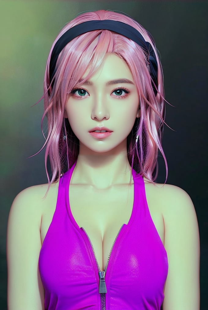 This CG artwork appears to be created by an artist specializing in hyper-realistic, anime-inspired digital art. The composition centers on a female character, depicted from the waist up, emphasizing her detailed, expressive features. The subject has pinkish-blonde hair, piercing green eyes, and wears a sleeveless maroon top with a zipper, partially unzipped, and a black headband. The background is a simple, gradient dark shade that enhances the subject’s prominence. Additional details include her modern, slightly edgy appearance, and the realistic texture and lighting effects that contribute to the overall lifelike quality of the image.