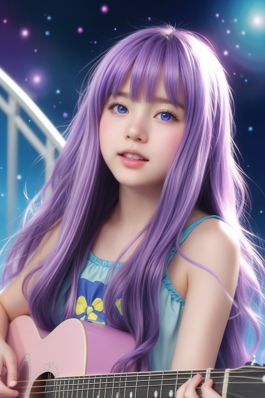 (((Masterpiece))), beautiful Asian girl (with beautiful bright blue eyes, long thick eyelashes, beautiful long purple wavy hair, slightly opened lips, singing. Playing the guitar and singing, the atmosphere is warm and pleasant. Art alcohol, Abstract details. Weiss Anderson style pier, pastel tones, retro vibe. Looking at the viewer, background: cosmic space.
Magic space.