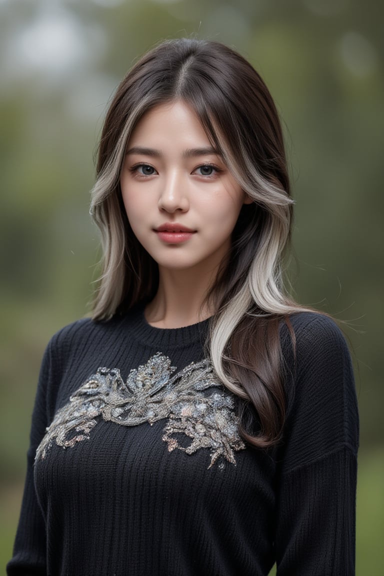 Real portrait photography depicting a young woman in Hong Kong. The composition is centered, with the subject tilted slightly to the right, looking directly at the viewer. The background is a soft-focus natural scene that hints at the outdoors. (black to silver ombre hair: 1.3), (blunt bangs: 1.3), wearing a black sweater decorated with delicate floral embroidery. The art style highlights details and natural colors, with an emphasis on her calm and collected expression. The soft tones of the background highlight the woman's sharp features and the intricate design of her dress