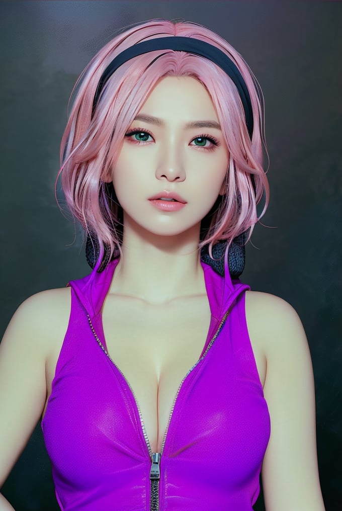 This CG artwork appears to be created by an artist specializing in hyper-realistic, anime-inspired digital art. The composition centers on a female character, depicted from the waist up, emphasizing her detailed, expressive features. The subject has pinkish-blonde hair, piercing green eyes, and wears a sleeveless maroon top with a zipper, partially unzipped, and a black headband. The background is a simple, gradient dark shade that enhances the subject’s prominence. Additional details include her modern, slightly edgy appearance, and the realistic texture and lighting effects that contribute to the overall lifelike quality of the image.