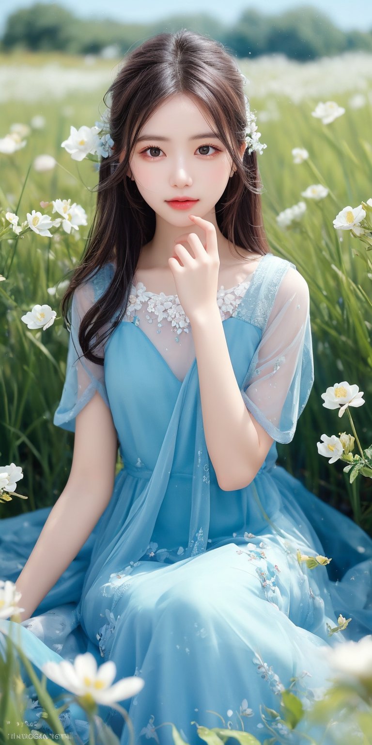 The image appears to be a photograph in a soft, natural art style featuring serene and delicate tones. In the foreground, a young woman with long, dark hair sits on vibrant green grass, wearing a blue dress with white trim. She has a gentle expression and rests her face on her hand. The background is a blurred field scattered with white flowers, creating a harmonious and tranquil setting. The overall composition highlights the subject against a simple, yet beautiful natural backdrop, lending an air of peacefulness and grace to the scene. Small objects and text are visible in the bottom right corner.