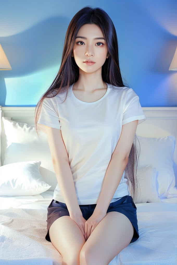 Real portrait photography. The composition centers on a young Taiwanese woman with long straight hair, sitting on a white bed with a blue wall in the background. Wearing a plain white T-shirt and dark shorts, she put her hands on her legs and looked directly into the camera. The background is simple, with a bed, white pillows, and a lamp on the bedside table, creating a peaceful and simple atmosphere. The lighting is soft and casts soft shadows, enhancing the calm and intimate atmosphere of the scene.