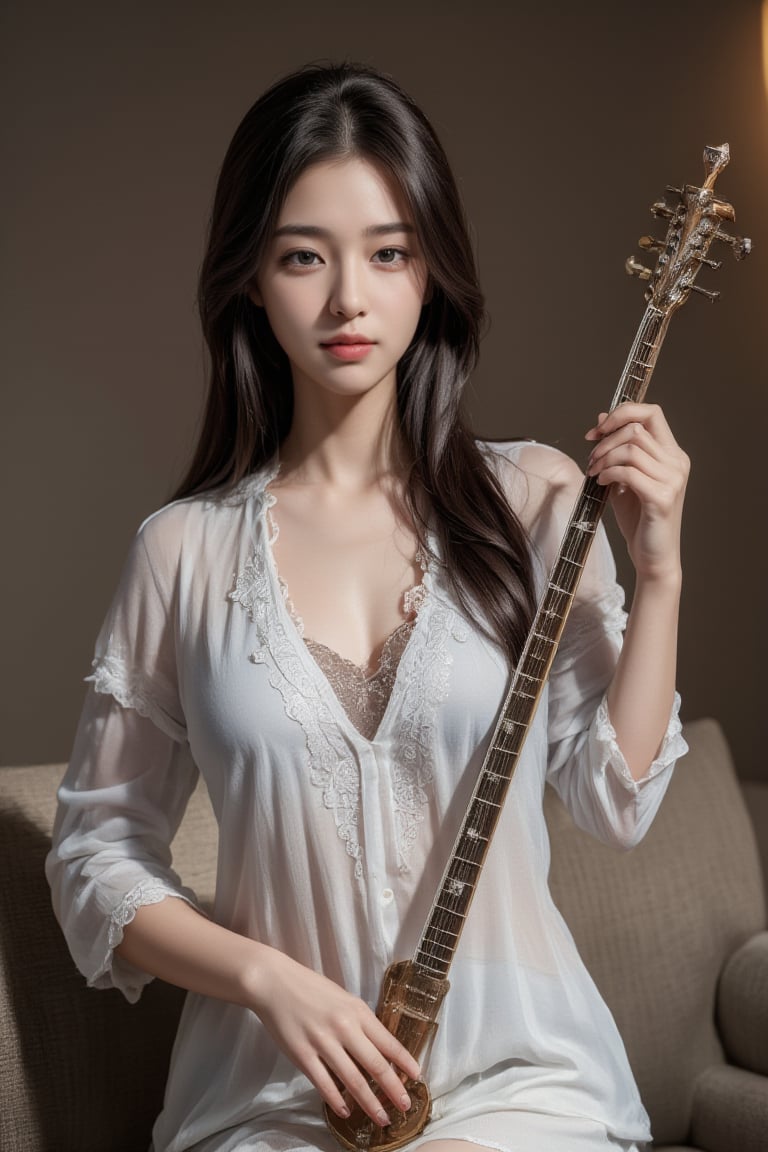 1girl, solo, long hair, black hair, hair ornament, sitting, lips, chinese clothes, instrument, realistic, music, bench, playing instrument, lute \(instrument\),Midjourney_Whisper,wonder beauty