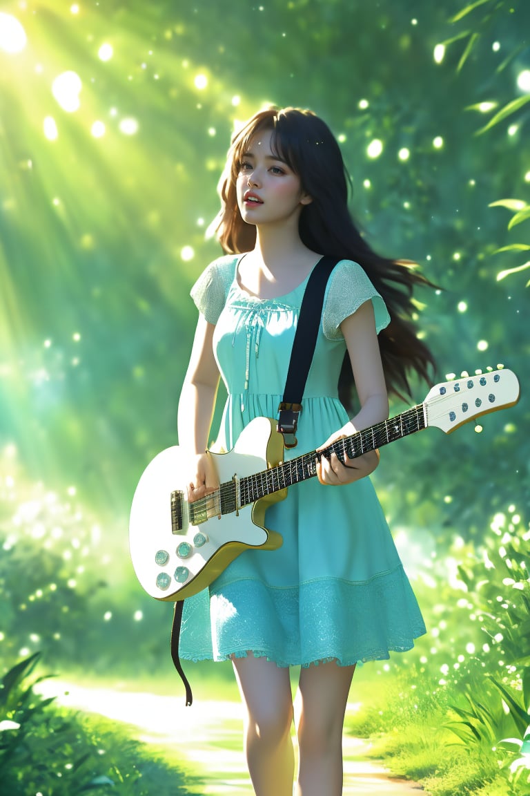 This artistic photo has a realistic and digitally sophisticated style. It shows a young woman holding an electric guitar walking along a sunny path through a lush green forest. She wore a light blue dress and white sneakers, with her long hair flowing naturally. The background is bathed in soft golden sunlight filtering through the gaps in the trees, adding to a tranquil and dreamy atmosphere. The composition blends natural and modern elements, emphasizing the harmony between the subject and its surroundings.