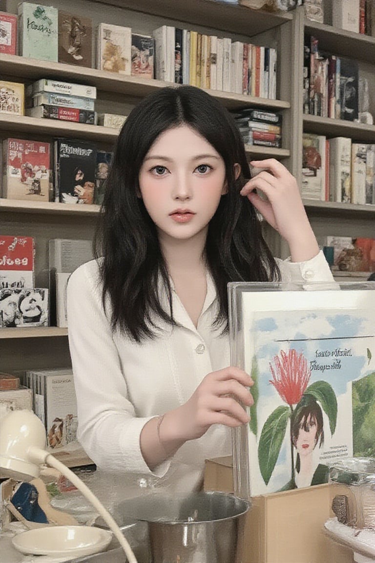 Frontal portrait photography, old photo mode, in the 1960s, a Taiwanese woman worked as a clerk in a rented bookstore. The bookshelves are filled with novels, comics, newspapers, and magazines. There is an old-style dial phone on the cashier table. The woman is picking up the phone and looking forward. Depth of field effect.