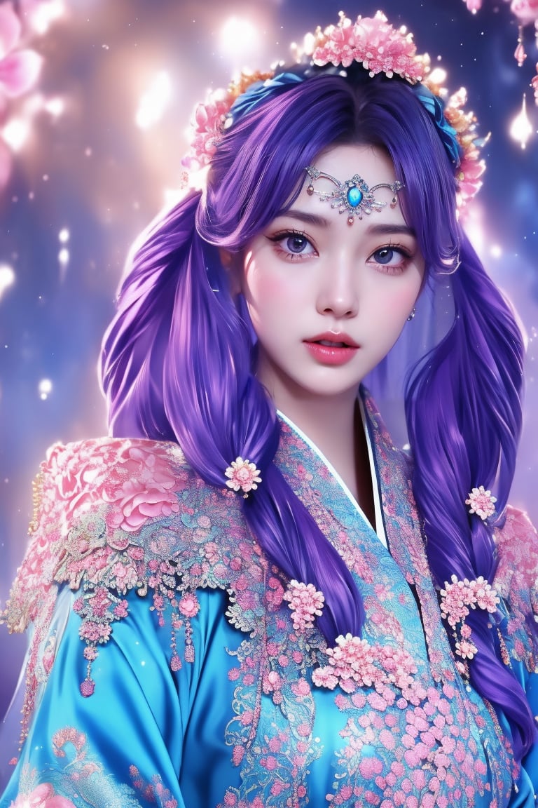 This is a digital artwork by an unknown artist characterized by a highly detailed and realistic style. The composition centers on a woman with voluminous, violet hair adorned with wreaths of flowers and ornate hairpieces. She gazes confidently at the viewer, her expressive face and pose conveying grace. She wears an elaborate, traditional blue robe embellished with intricate floral patterns in pink and white. The background is softly blurred with subtle light beams, enhancing the ethereal and regal feel of the portrait. The overall effect is both captivating and enchanting, merging elements of fantasy with traditional elegance.