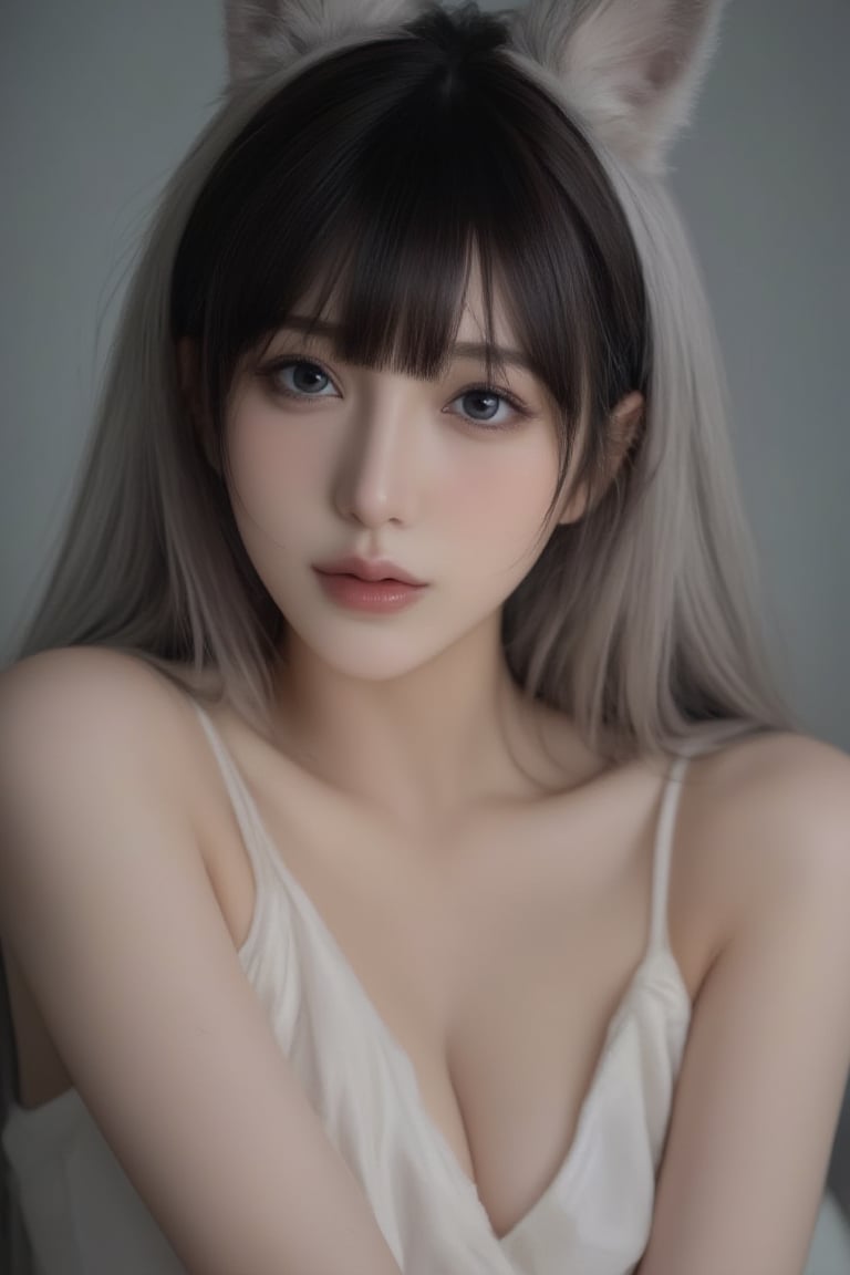 (Realism: 1.4), (Animation Color: 1.5), (Masterpiece, Sidelight, Delicate and Soft Eyes), (Character Focus, Face Focus, Close to the Viewer, Portrait, Masterpiece, From Above), Anime Color, Cute Face, 3D face, (black hair to silver hair gradient hair: 1.3), (blunt bangs: 1.3), (1girl, the most beautiful Korean girl, amazing beautiful girl, gorgeous girl, 20 years old, extra big eyes, big eyes, smile, looking at viewer), (teal eyes: 1.5), (cowboy shot: 1.5), (sleeveless white hair fur sundress: 1.5), (kind face), (blushing) (paw pose, sitting, wariza, from above; 1.5), (claw, head tilt: 1.5), (fox ears, fox tail: 1.3), (cute face), (open mouth laughter: 1.5), gentle face, ( Medium chest), (gradient background), (glowing eyes), neat and clean, cute, slim body, (tareme: 1.5), shiny hair, shiny skin, niji, sketch, manga,