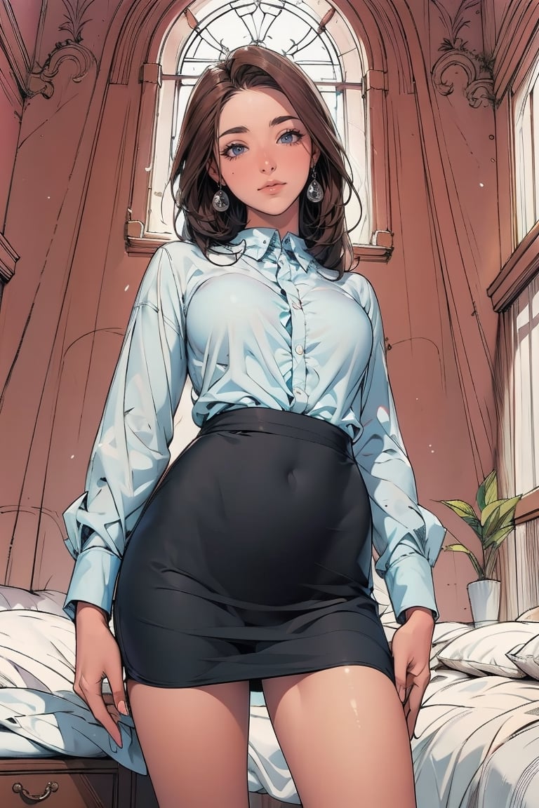 a woman in the office, 45 years old, plant, window, Sexy photo, ((best quality)), ((intricate details)), ((surreal)), H, milf,  view, Very detailed, illustration, 1 girl, ((small breasts)), perfect hands, Detailed fingers, Beautiful and delicate eyes, long hair, brown eyes,slim legs, (business attire:1.2), open office shirt, tight skirt, black collar, earrings, , Detailed background, bedroom, perfect eyes, Seductive eyes, looking at the audience, from below,line anime,High detailed 