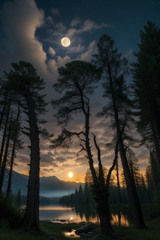 outdoors, sky, cloud, water, tree, no humans, night, moon, cloudy sky, scenery, full moon, reflection, mountain, fantasy, lake