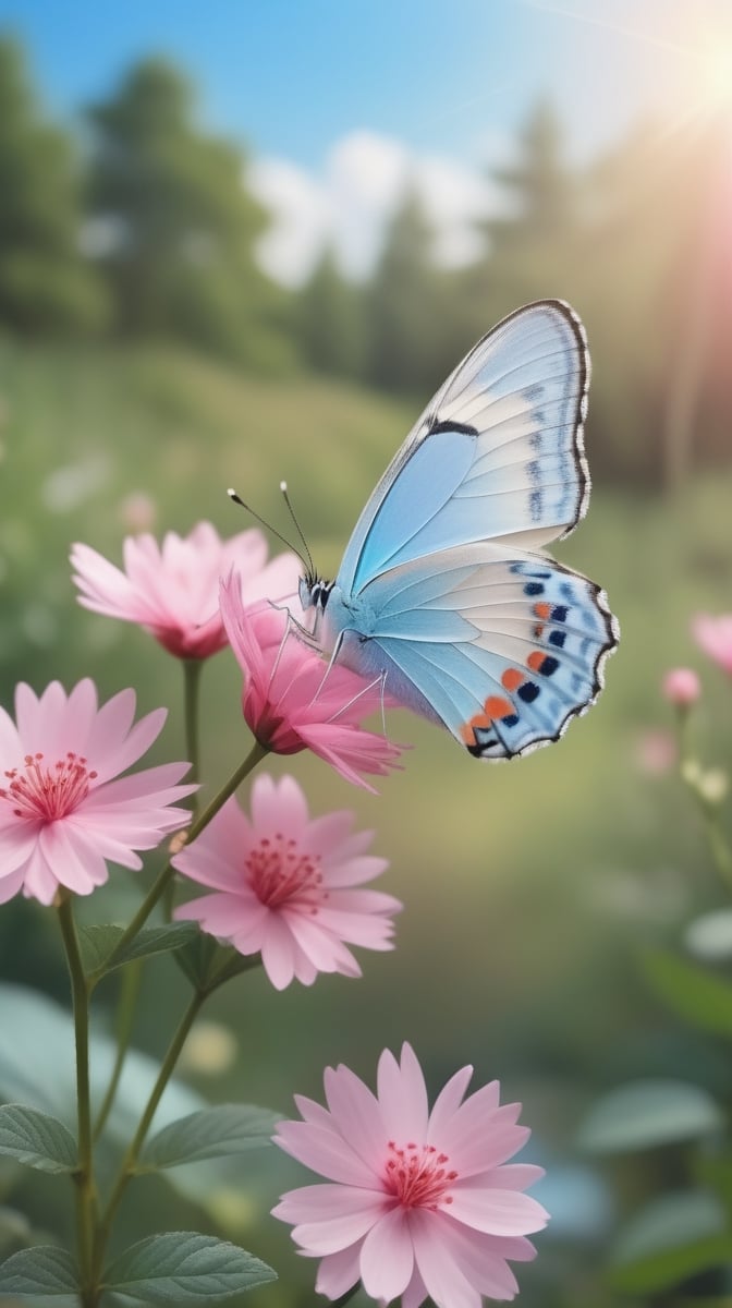 Butterfly, light blue wings, Pink flowers, natural scenery.
