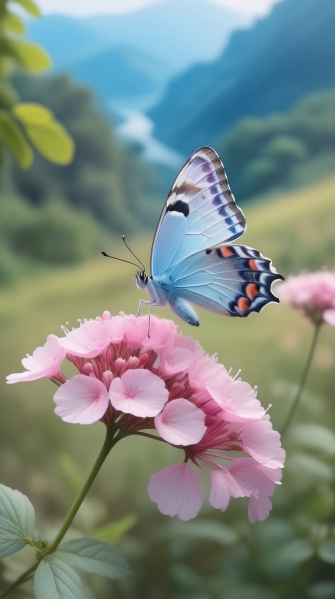 Butterfly, light blue wings, Pink flowers, natural scenery.
