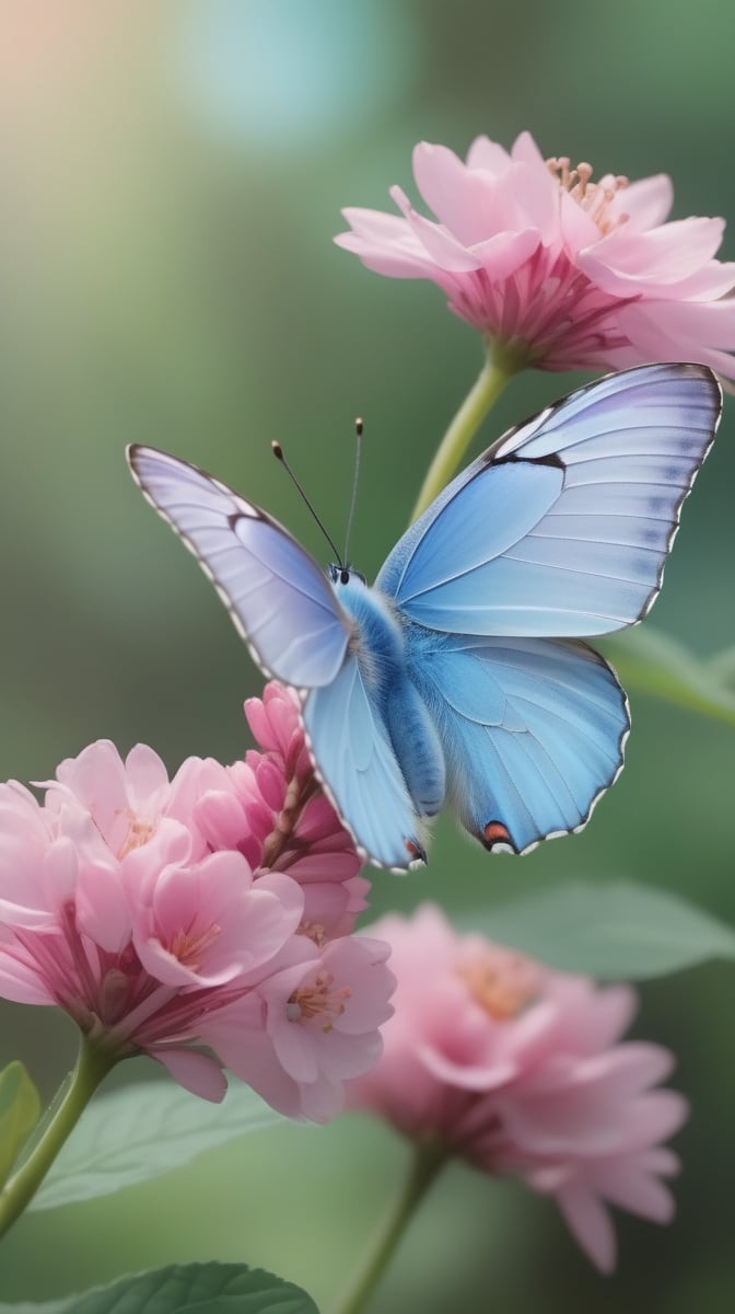 Butterfly, light blue wings, Pink flowers, natural scenery.
