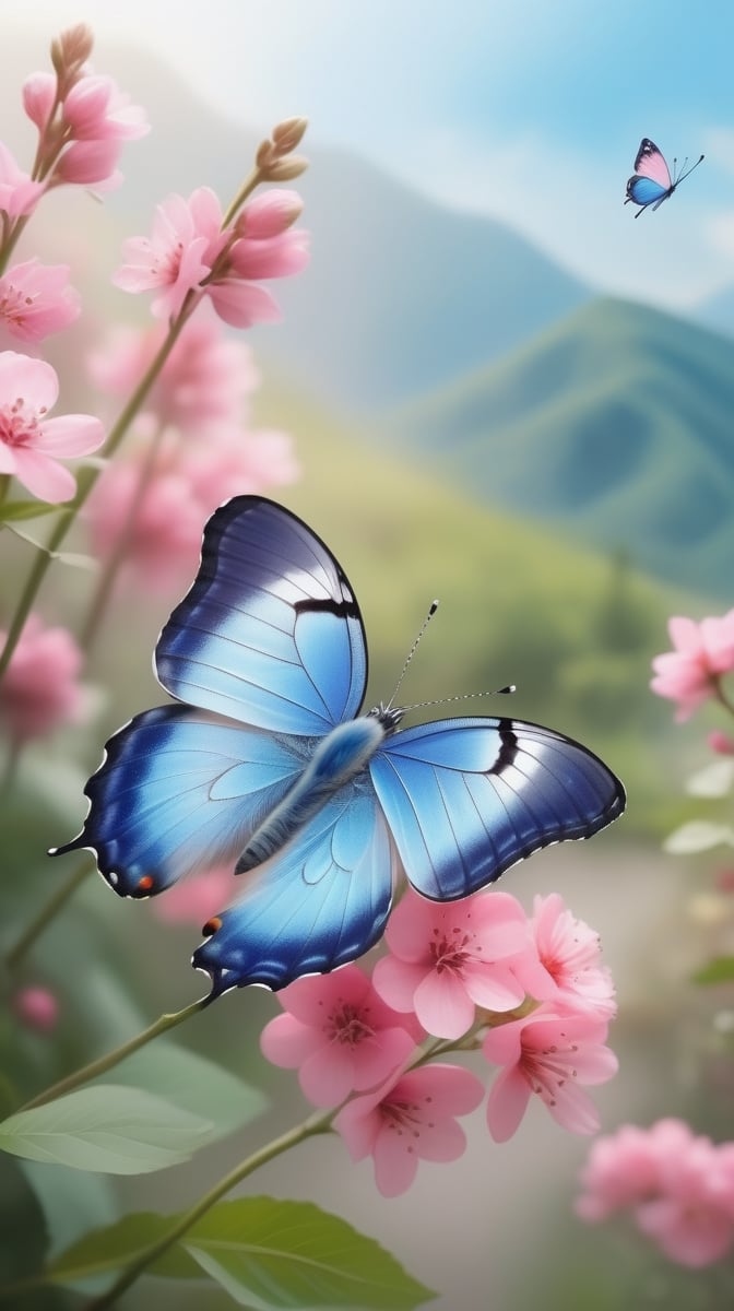 Butterfly, light blue wings, Pink flowers, natural scenery.
