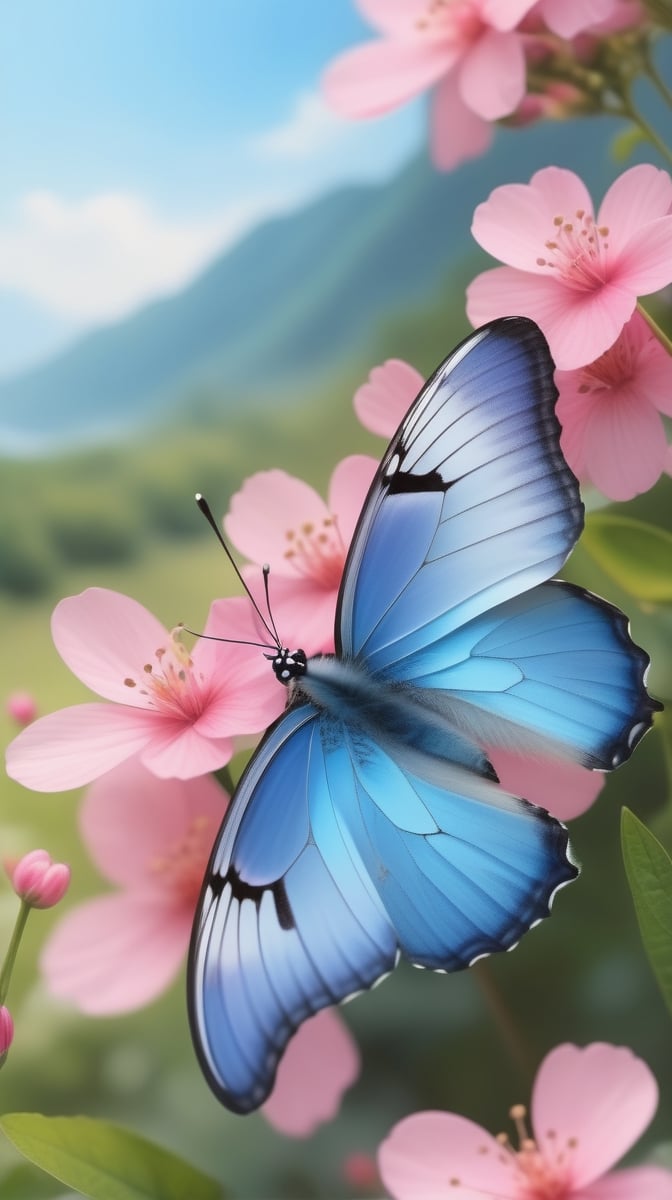 Butterfly, light blue wings, Pink flowers, natural scenery.
