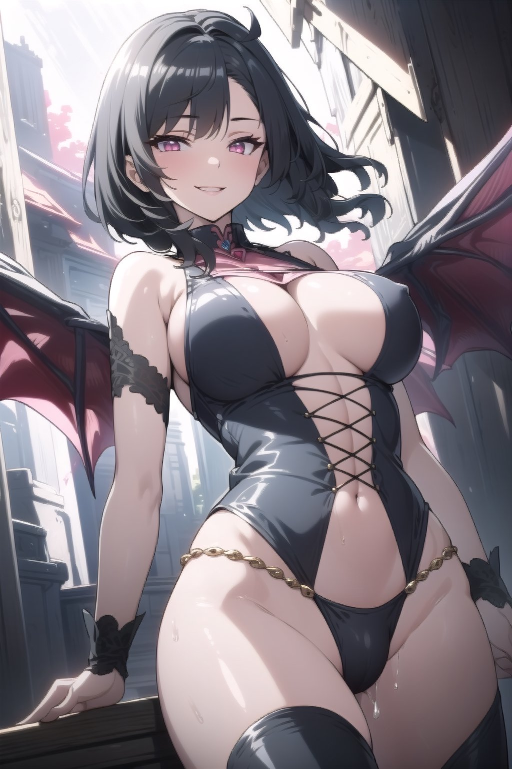 beautiful and gorgeus girl, wavy fashion bob cut black hair, Pink eyes, succubus outfit, big boobs, sexy smile, horny, bursting breas, clavage bulge, bright eyes, wavy hair, night ghotic background, pheromone Pink atmosphere, seductive pose, soaring sitted on air