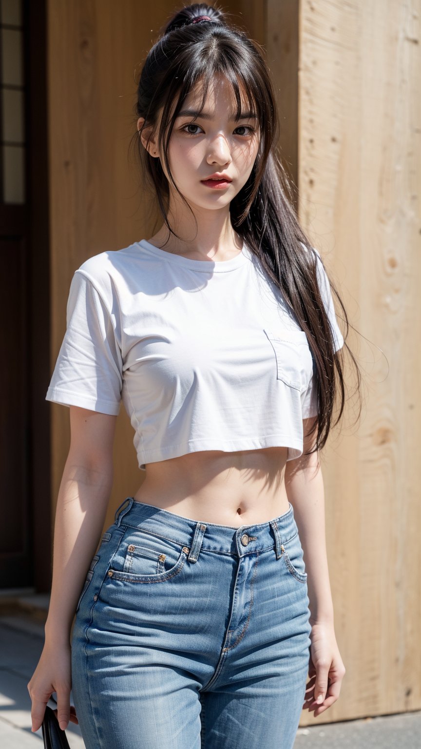 masterpiece, best quality, highres, 1girl, solo, long hair, black hair, ponytail, parted bangs, brown eyes, crop top, t-shirt, white shirt, navel, jean, hand in pocket, street, cowboy shot,