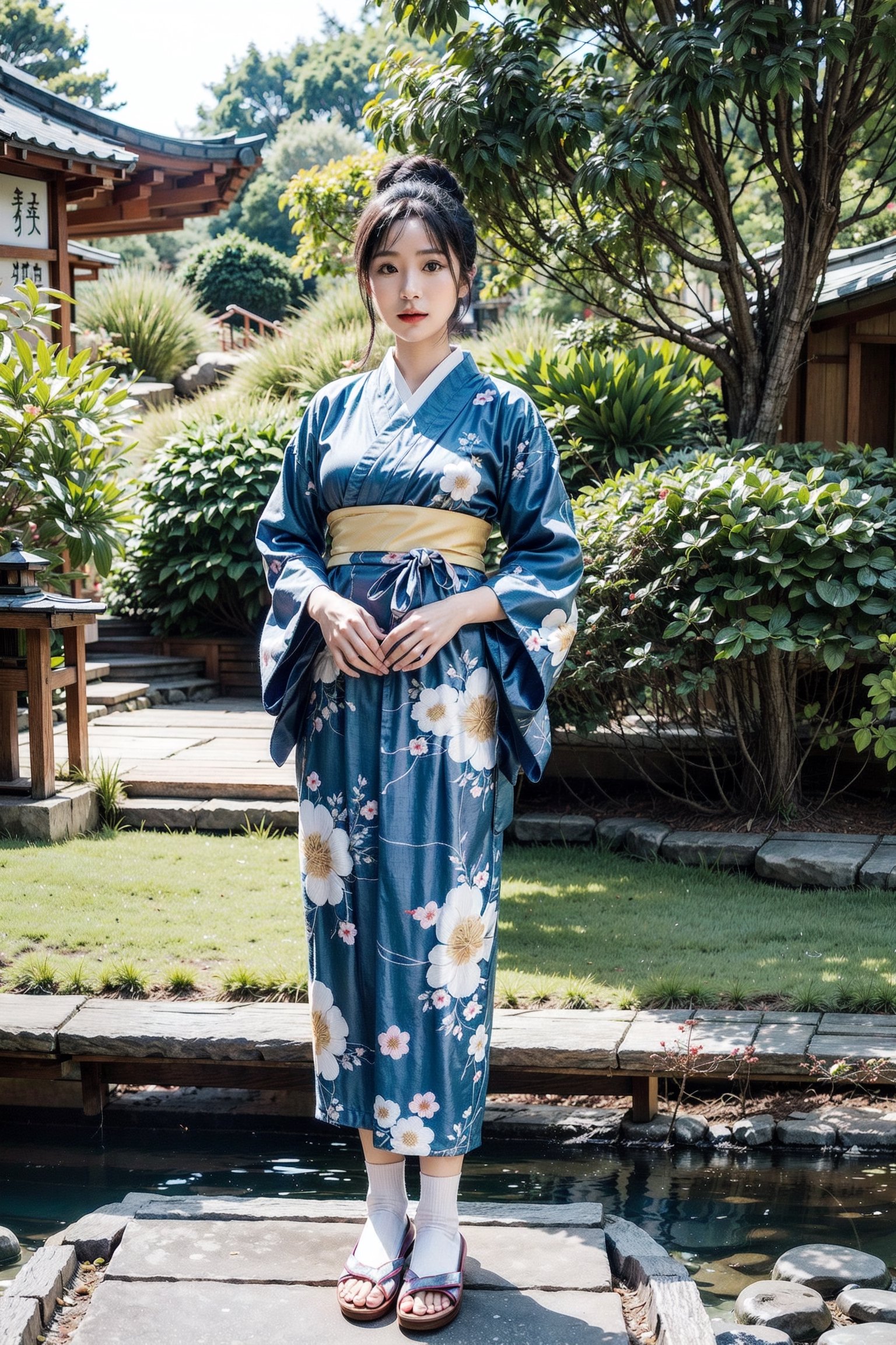 A woman wearing a blue Japanese Kimono, japanese white socks, japanese wooden slippers, stands in a japanese garden, posing while looking at the audience, detailed, time is dusk, golden hour,better_hands