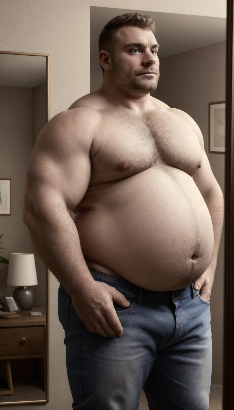 a [chubby and mature] man holding his belly questioning whether he has put on weight. turned to the side wearing jeans that are too small, detailed. masterpiece. high resolution. realistic, dynamic lighting. larger gut, holding belly, looking in a mirror, moobs,