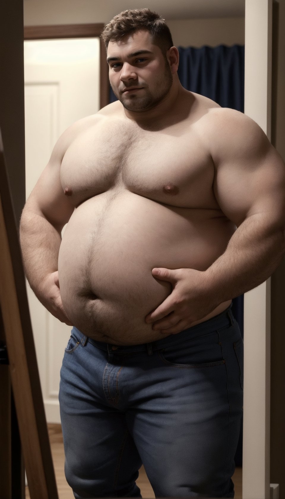 a [chubby and young] man holding his belly questioning whether he has put on weight. turned to the side wearing jeans that are too small, detailed. masterpiece. high resolution. realistic, dynamic lighting. larger gut, holding belly, looking in a mirror, moobs,