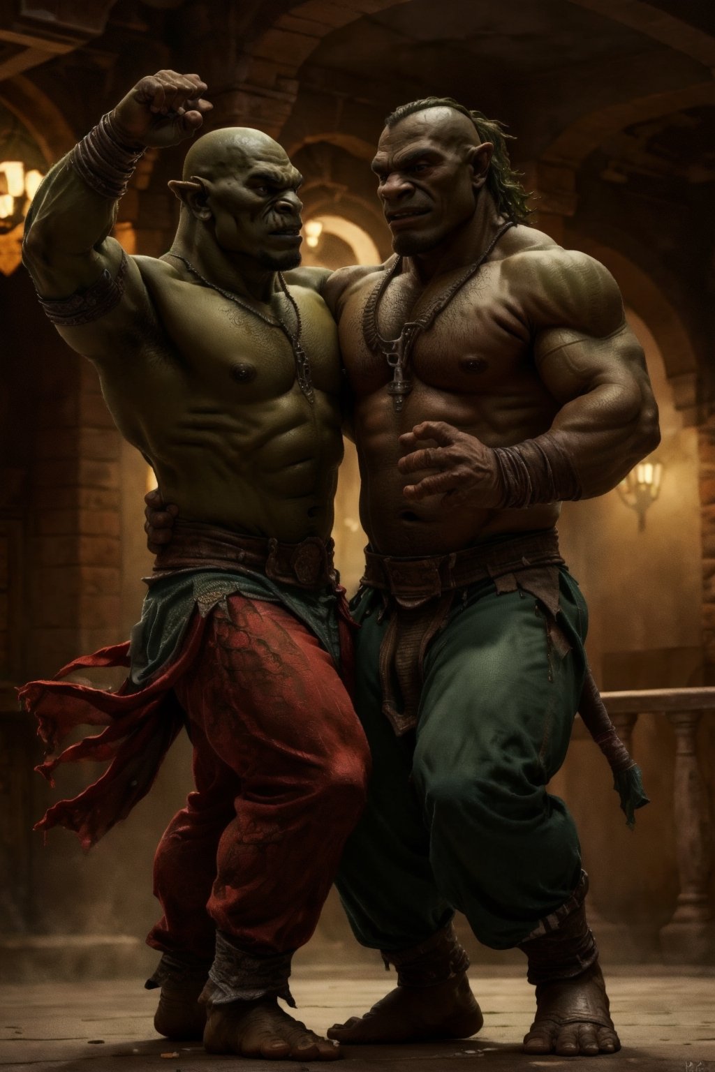 two mature orcs dancing on a balcony (a green mature orc) (a young red orc)